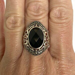 Sterling Silver 925 Oval Faceted Black Onyx Marcasite Scrollwork Statement Ring
